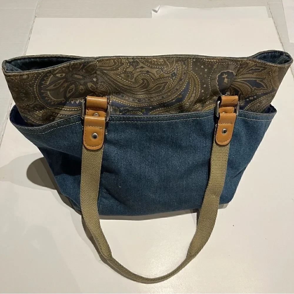 Women's Casual Faux Leather Blue Denim Messenger Bag with Paisley top